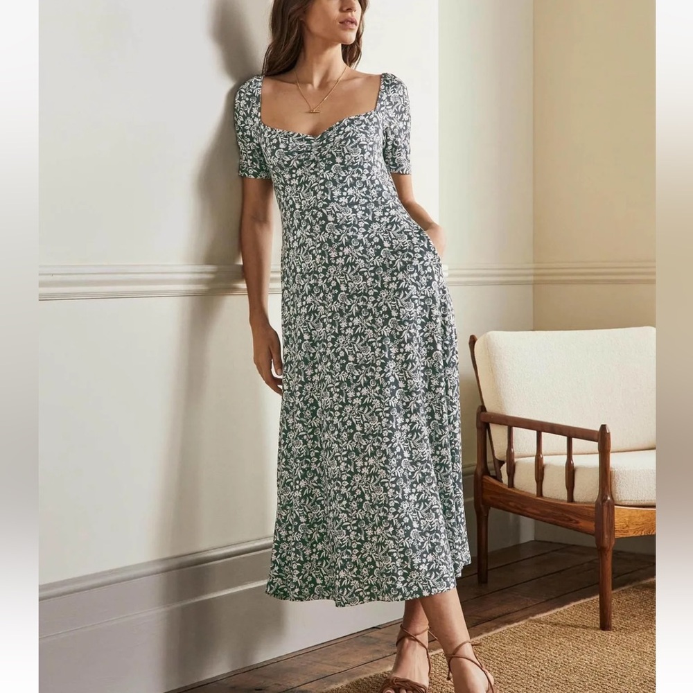 Boden floral green sweetheart jersey dress with pockets size 10